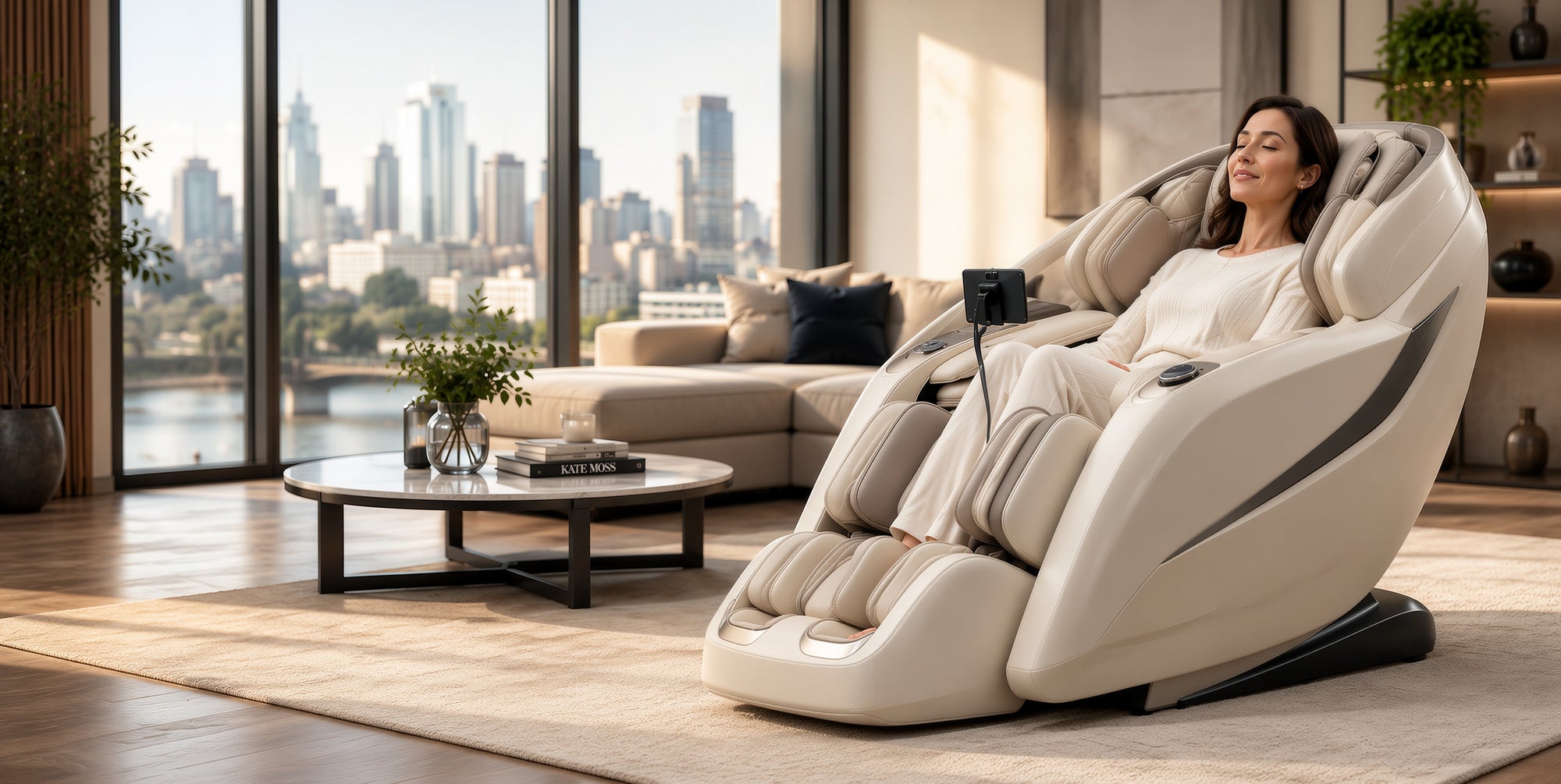 Premium 4D massage chair in a modern luxury living room at OTA New Jersey