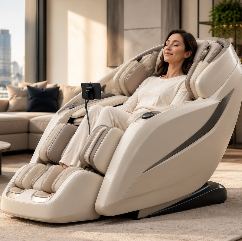 Premium 4D massage chair in a modern luxury living room at OTA New Jersey